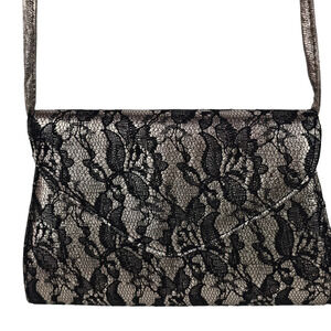 VTG NM black lace gunmetal faux leather flap x body purse bag evening 6.5 x 9.5